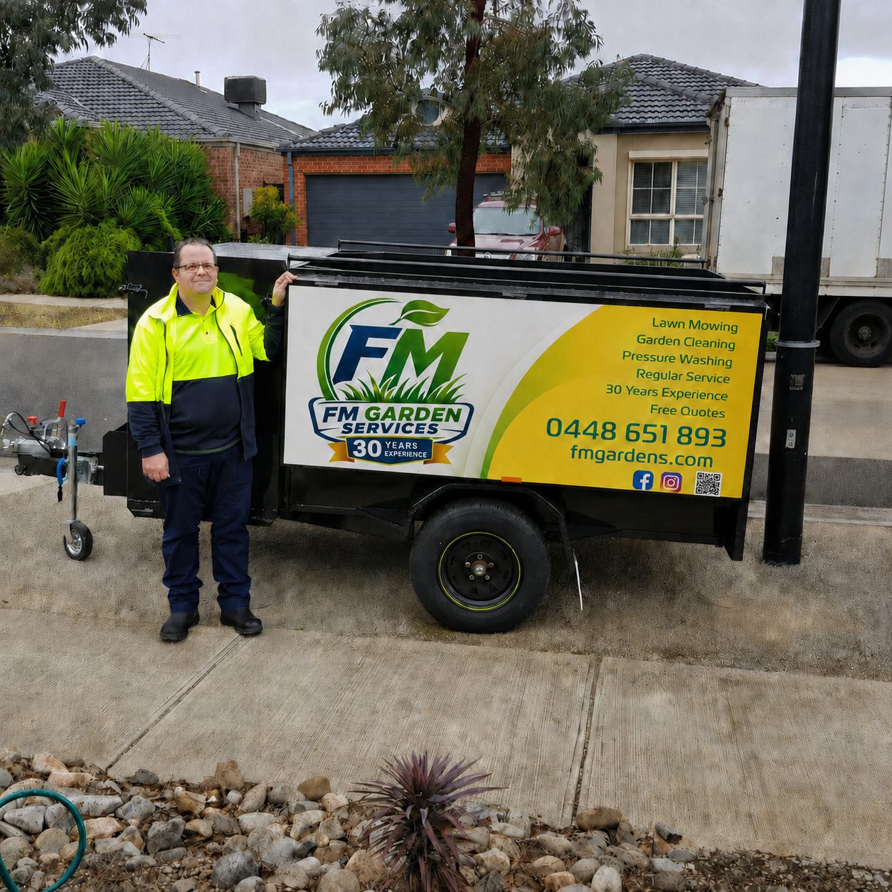 Frank standing with the FM Garden Services trailer, ready for a lawn and garden job in Sydney